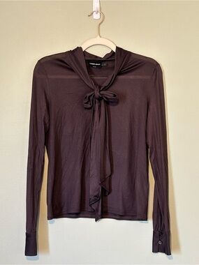 Giorgio Armani Charcoal Gray Tie-Neck Long Sleeve Blouse